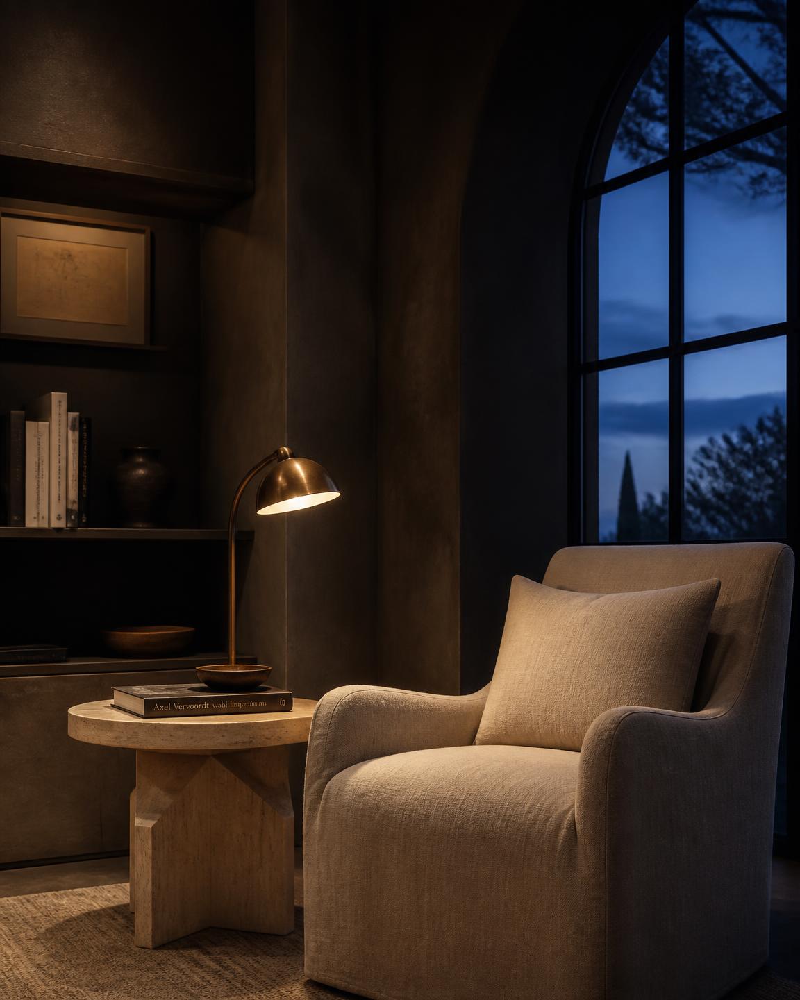 Moody reading nook at dusk with a brass task lamp, travertine side table and arched window