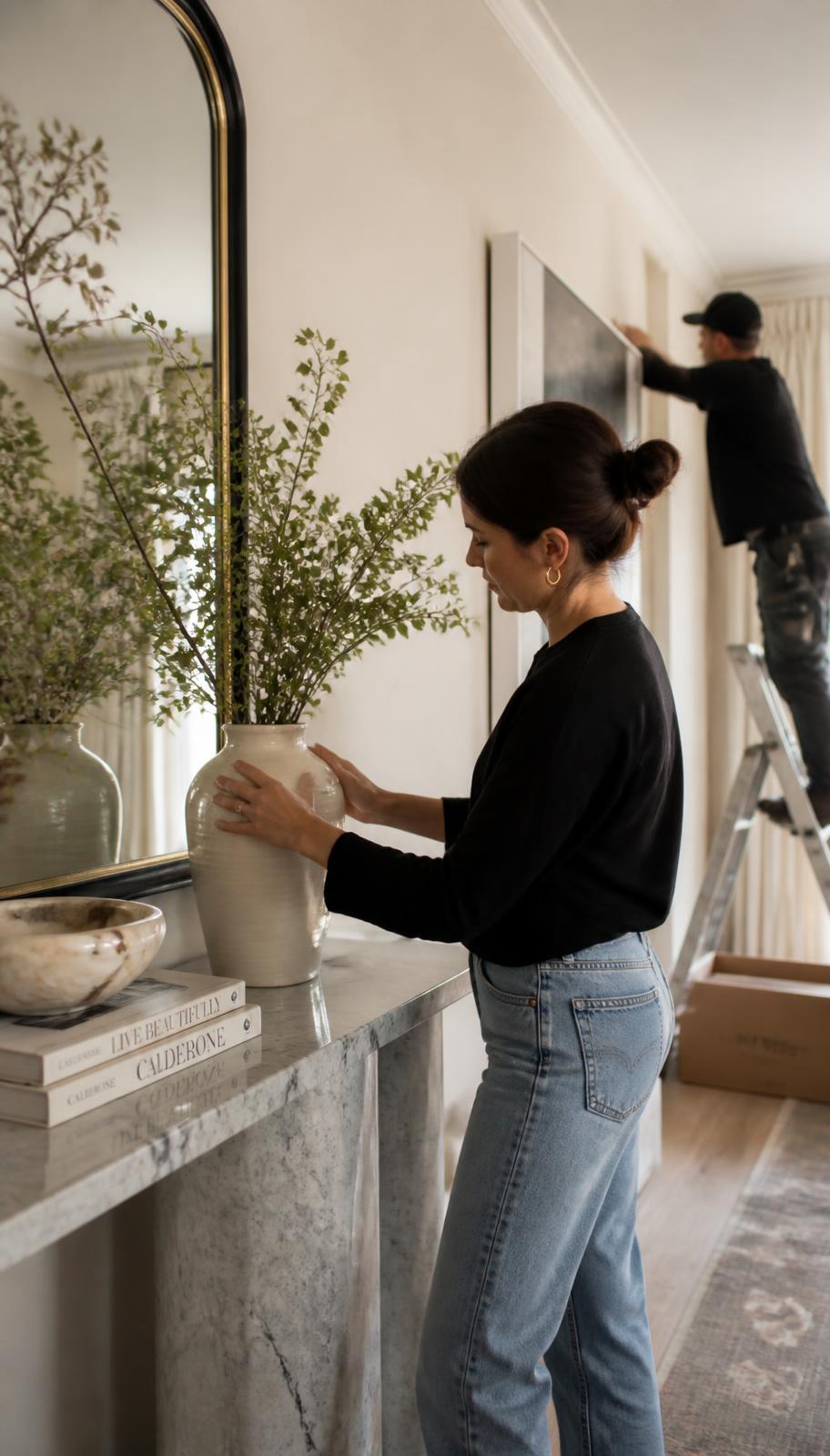 Designer styling a marble console on install day