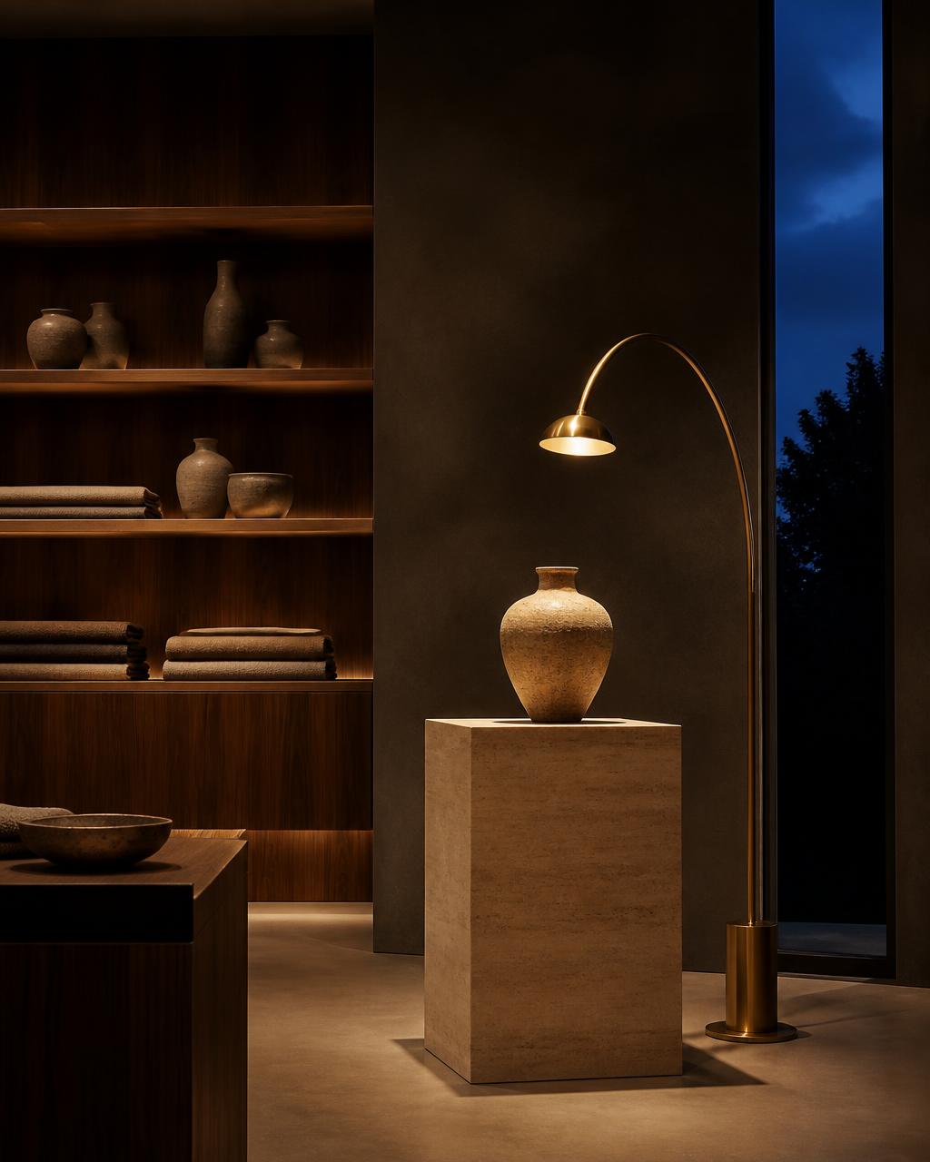 Moody boutique showroom with travertine plinth, walnut shelving and brass arc lamp