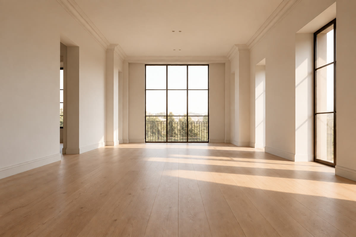 Warm living room with an open doorway on the left, tall black-framed windows and pale oak floors